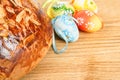 Typical homemade Easter Cake With Almonds and painted eggs Royalty Free Stock Photo