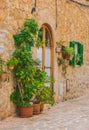 Typical house with flowers plants pots in Valldemossa on Majorca, Spain Royalty Free Stock Photo