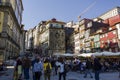 Typical houses and outdoor cafes at historic Ribeira Square of Porto Royalty Free Stock Photo