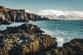 Typical Icelandic sunrise sunset cliff landscape at Arnarstapi area in Snaefellsnes peninsula in Iceland