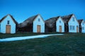 Typical Icelandic turf houses at twilight in winter, North Iceland Royalty Free Stock Photo