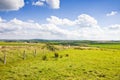 Typical Irish flat landscape with fields of grass and wooden fence for grazing animals Ireland