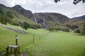 Typical Irish landscape with green meadow and waterfall Royalty Free Stock Photo