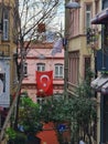 Typical Istanbul street view with turkish flags and drying lingerie