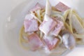 Typical Italian gourmet spaghetti cream sauce with ham and bacon Royalty Free Stock Photo