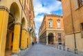 Typical italian street, buildings with columns, Palazzo Paleotti, Palazzo Gotti palace, Since Academy, University of Bologna