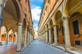 Typical italian street, buildings with columns, Palazzo Poggi museum, Accademia Delle Scienze Since Academy, University of Bologna