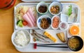 Typical Japanese breakfast set on wood table,