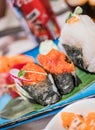 Typical Japanese dish of sushimi and onighiri on a leaf of bamboo Royalty Free Stock Photo