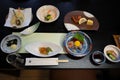 Typical Japanese food Sushi, tofu, tempura, glass noodles, seaweed as starters in a restaurant in Akita, Japan. Royalty Free Stock Photo