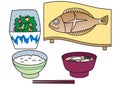 A typical Japanese meal featuring grilled fish