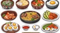 Typical Korean food set isolated on a white background. Modern illustration featuring spicy meat, eggs, vegetables Royalty Free Stock Photo