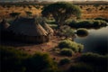 Typical landscape of South Africa, with some houses and a lake, CREATED WITH GENERATIVE AI TECHNOLOGY