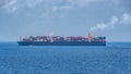 Typical large boxship in design and layout have a twin-island design, with the accommodation, including the navigation bridge, Royalty Free Stock Photo