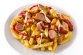 Typical Latin America Salchipapa. Sausages with fries, ketchup, mustard and mayo, isolated
