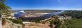 The typical Leziria alluvial plane landscape from the Ribatejo region with the Dom Luis I Bridge crossing the Tagus River Royalty Free Stock Photo