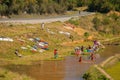 Typical Madagascar landscape .people wash clothes in river