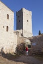 Typical Mani tower and blue sky in Greek town of kardamili on pe