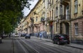 Medieval street with old vintage buildings of historic city centre of Lviv, Ukraine Royalty Free Stock Photo