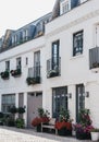 Typical mews houses in London, UK, with flower baskets, garage and Juliet balconies