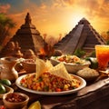 Typical Mexican cuisine and pyramid Royalty Free Stock Photo