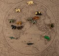 World map with emblematic animals of Asia and Africa, the North Pole, the oceans, such as tigers, lions, elephants, rhinos, hippos