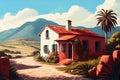 Typical Mexican old farmhouse with a beautiful landscape in the background. View on the facade. Illustration Royalty Free Stock Photo