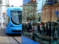 Typical mid day street traffic with blue trams in Zagreb