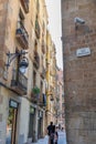 Typical Narrow Barcelona Street with Antique Lamppost, Spain Royalty Free Stock Photo