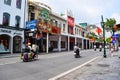 Typical narrow colorful and beautiful houses in the street of Hanoi. Ha Noi is the capital and the second largest city in Vietnam Royalty Free Stock Photo