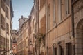Typical narrow street of the Vieux Lyon old Lyon on the Presqu`ile district with its traditional architecture Royalty Free Stock Photo