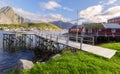 Typical Norwegian fishing village with traditional red rorbu huts, Reine, Lofoten Islands, Norway Royalty Free Stock Photo