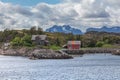 Typical Norwegian house on the fjord. Lofoten islands in Norway Royalty Free Stock Photo