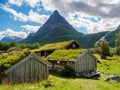 Typical norwegian old wooden houses with grass roofs in Innerdalen - Norway Royalty Free Stock Photo