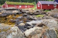 Typical norwegian red houses Rorbu in Lofoten village