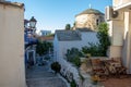Typical Old Church and a small Streets in a Small Touristic Greek Town of Chora in Greece in the Summer, Alonissos Island Part of Royalty Free Stock Photo