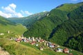 Typical old Svanetian village Adishi on a hiking trail leading from Mestia to Ushguli, Georgia