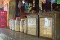 Typical open to the street shop in India. Savoury snacks chat and nuts for sale in the Makhdumpur villag