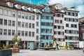 Typical painted facades of small old town houses.