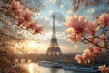 Typical Parisian postcard view of pink magnolia flowers in full bloom on a backdrop of French cityscape. Early spring in Paris,