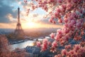 Typical Parisian postcard view of pink magnolia flowers in full bloom on a backdrop of French cityscape. Early spring in Paris,