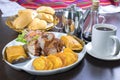 Peruvian food: Chicharrones, tamales, camote frito Royalty Free Stock Photo