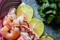 Typical Peruvian food, ceviche. Detail of the products or ingredients in the presentation. Ethnic food concept