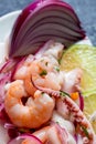 Typical Peruvian food, ceviche. Detail of the products or ingredients in the presentation. Ethnic food concept