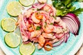 Typical Peruvian food, ceviche. Rustic presentation on a colored plate. Popular, ethnic food concept