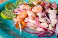 Typical Peruvian food, ceviche. Rustic presentation on a colored plate. Popular, ethnic food concept