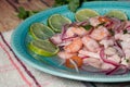 Typical Peruvian food, ceviche. Rustic presentation on a colored plate. Popular, ethnic food concept