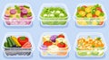 Typical picnic food storage container icon modern illustration. Cooked vegetables and fruit in a glass pack for cartoon Royalty Free Stock Photo