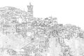 Typical picturesque italian village perched on a hill. Drawing effect, scribble