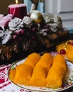 Typical Portuguese Christmas sweets: trouxas de ovos, egg yolks and sugar rolls